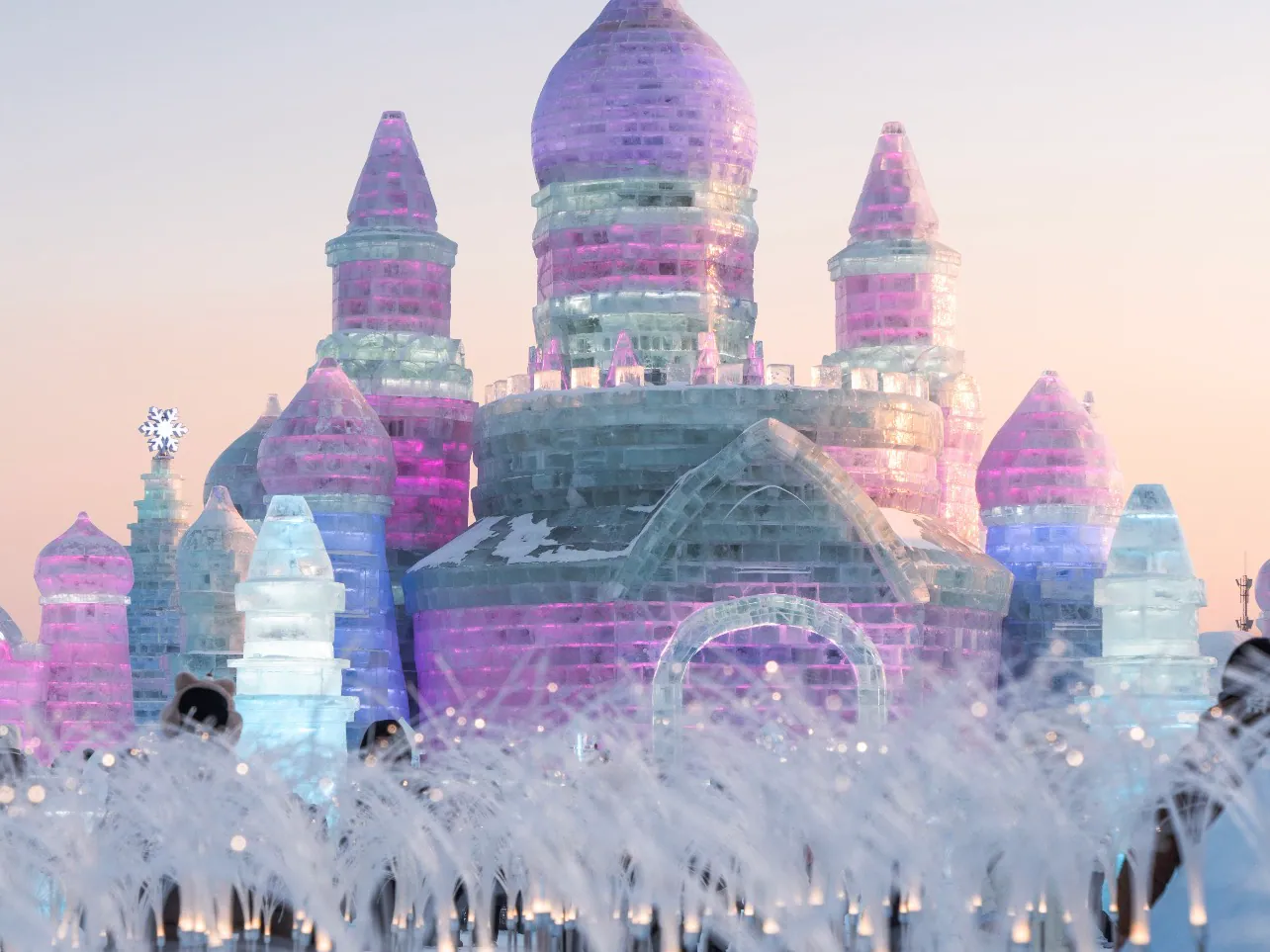 Ice castle at Harbin Ice and Snow World at dusk