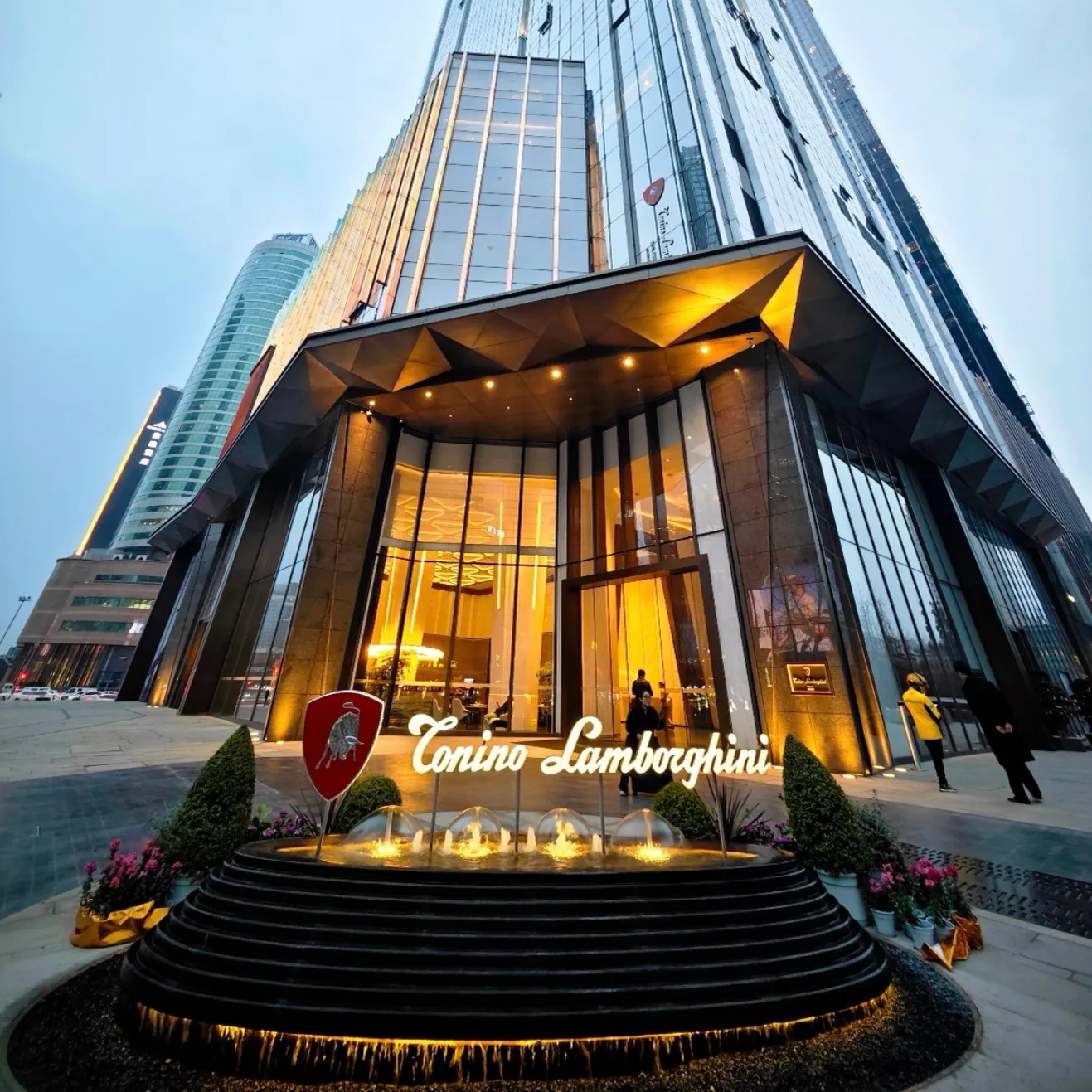 The entrance of the Tonino Lamborghini hotel at dusk