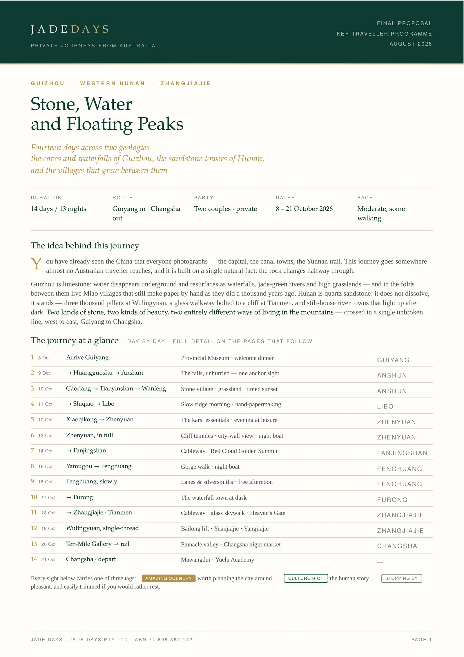 Jade Days sample proposal — page 1: The cover and the journey at a glance: fourteen days, every overnight base, one table.