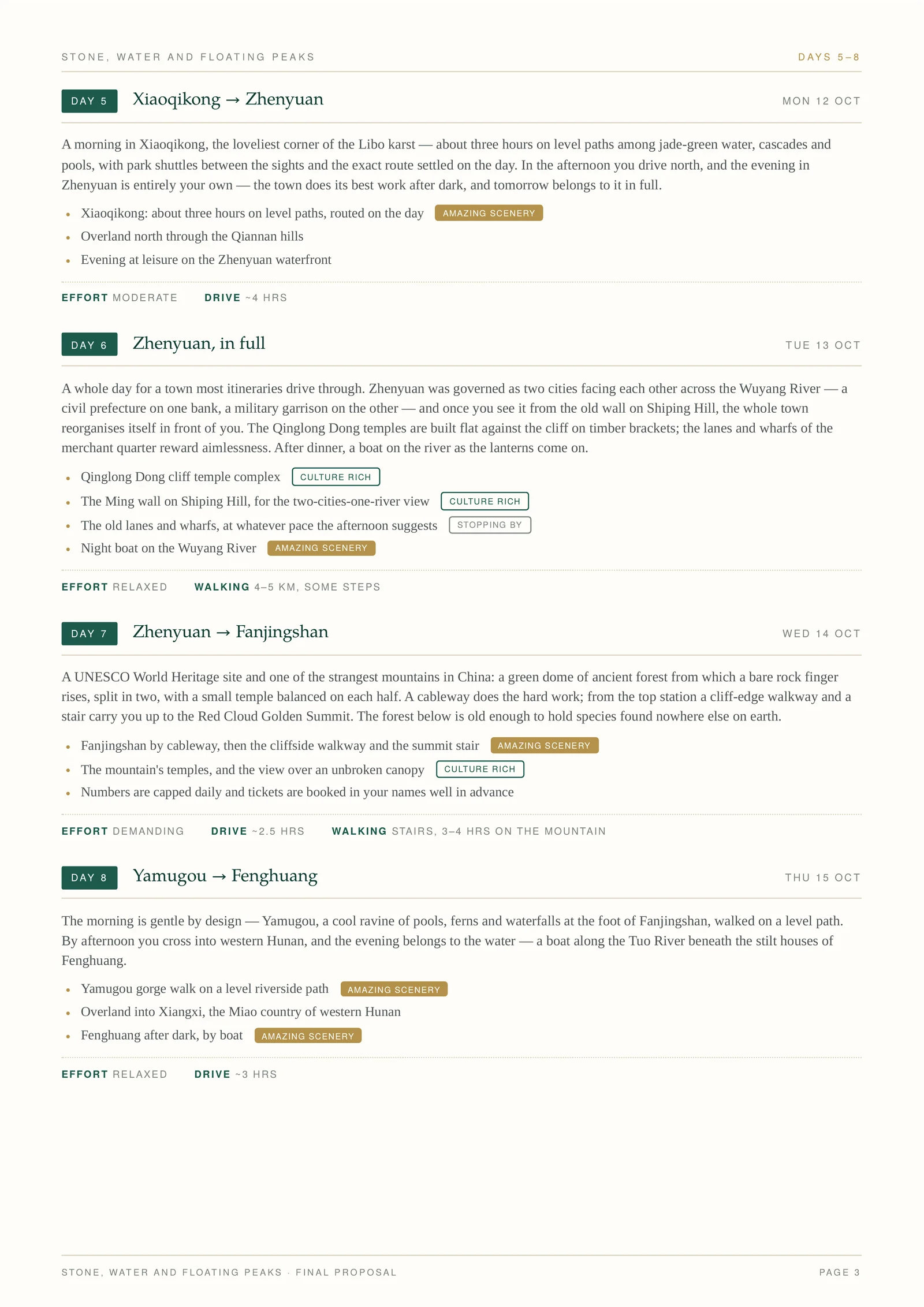 Jade Days sample proposal — page 3: Days 5–8, from the karst country into the river towns.