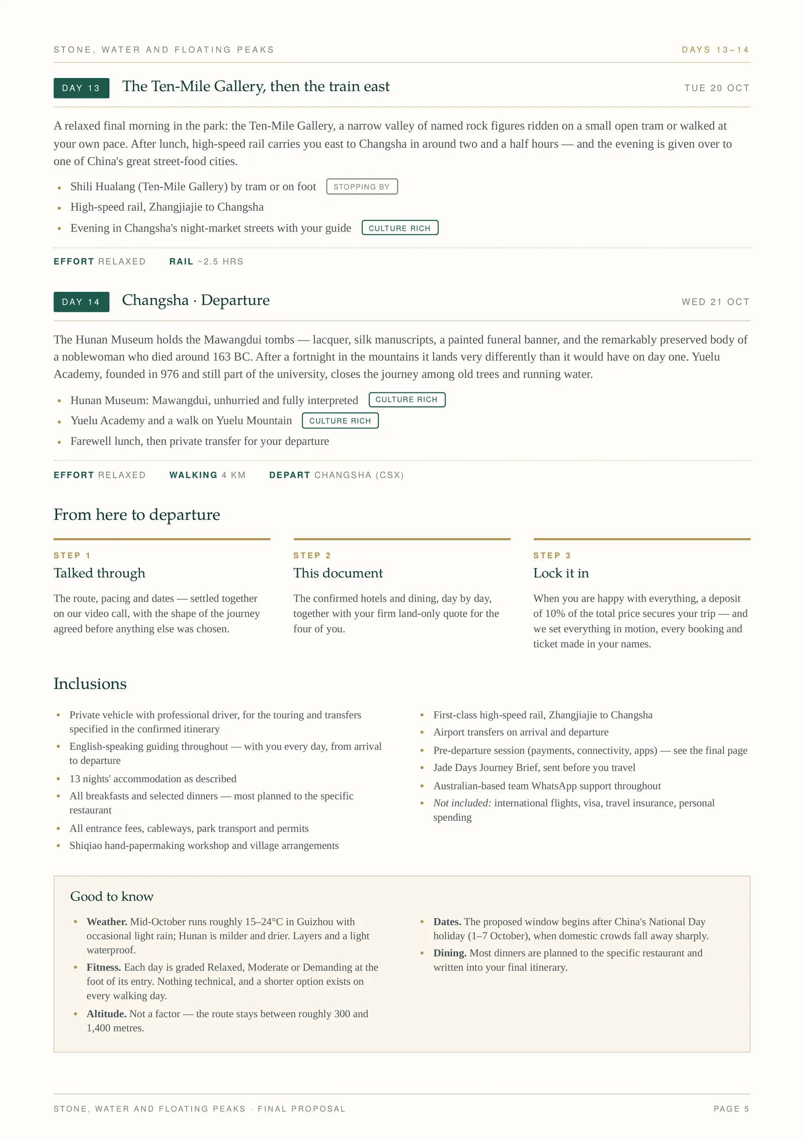 Jade Days sample proposal — page 5: Days 13–14, and how the journey moves from proposal to departure.