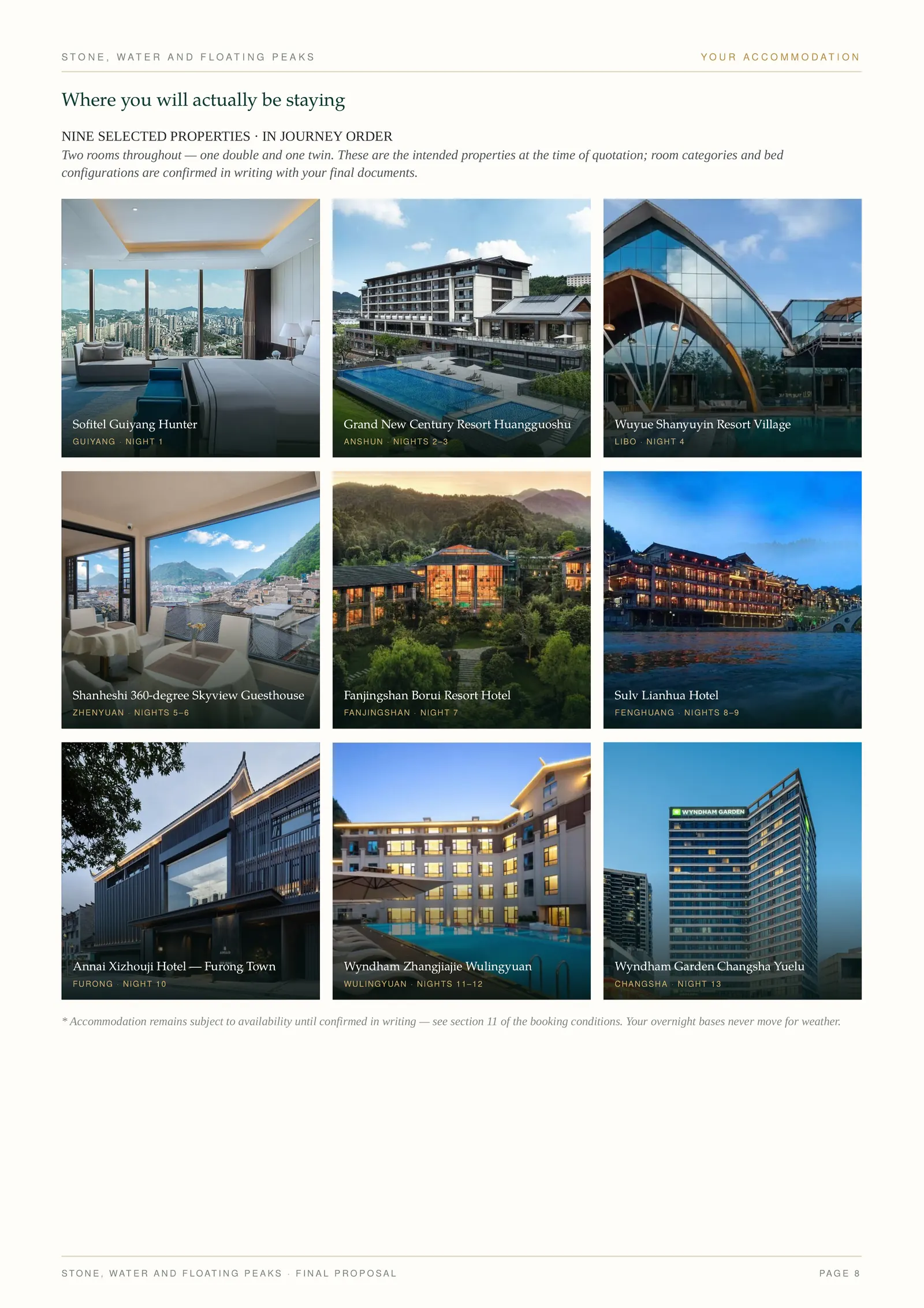 Jade Days sample proposal — page 6: Where you will actually be staying — every property, night by night.