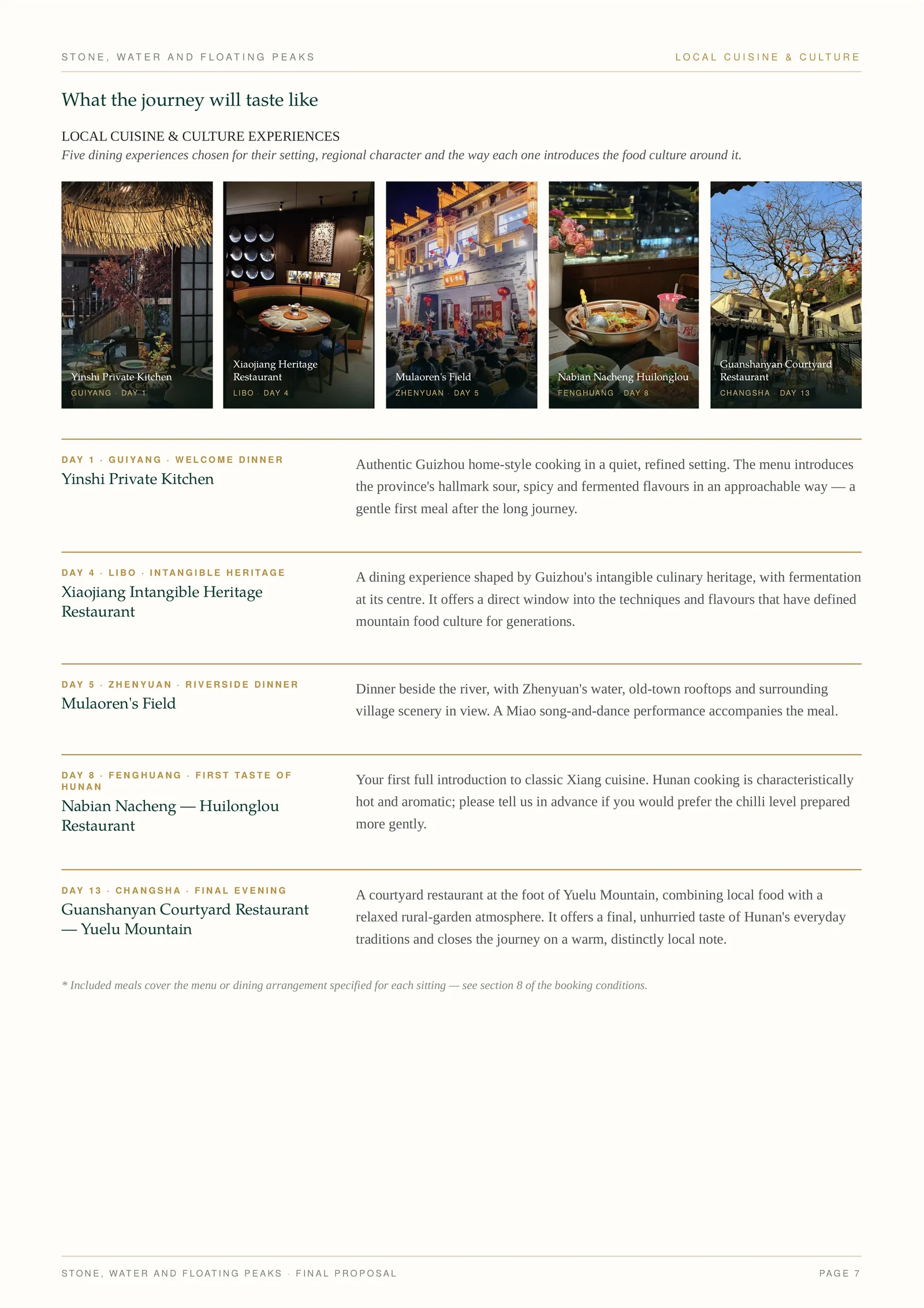 Jade Days sample proposal — page 7: What the journey will taste like — five named tables along the route.