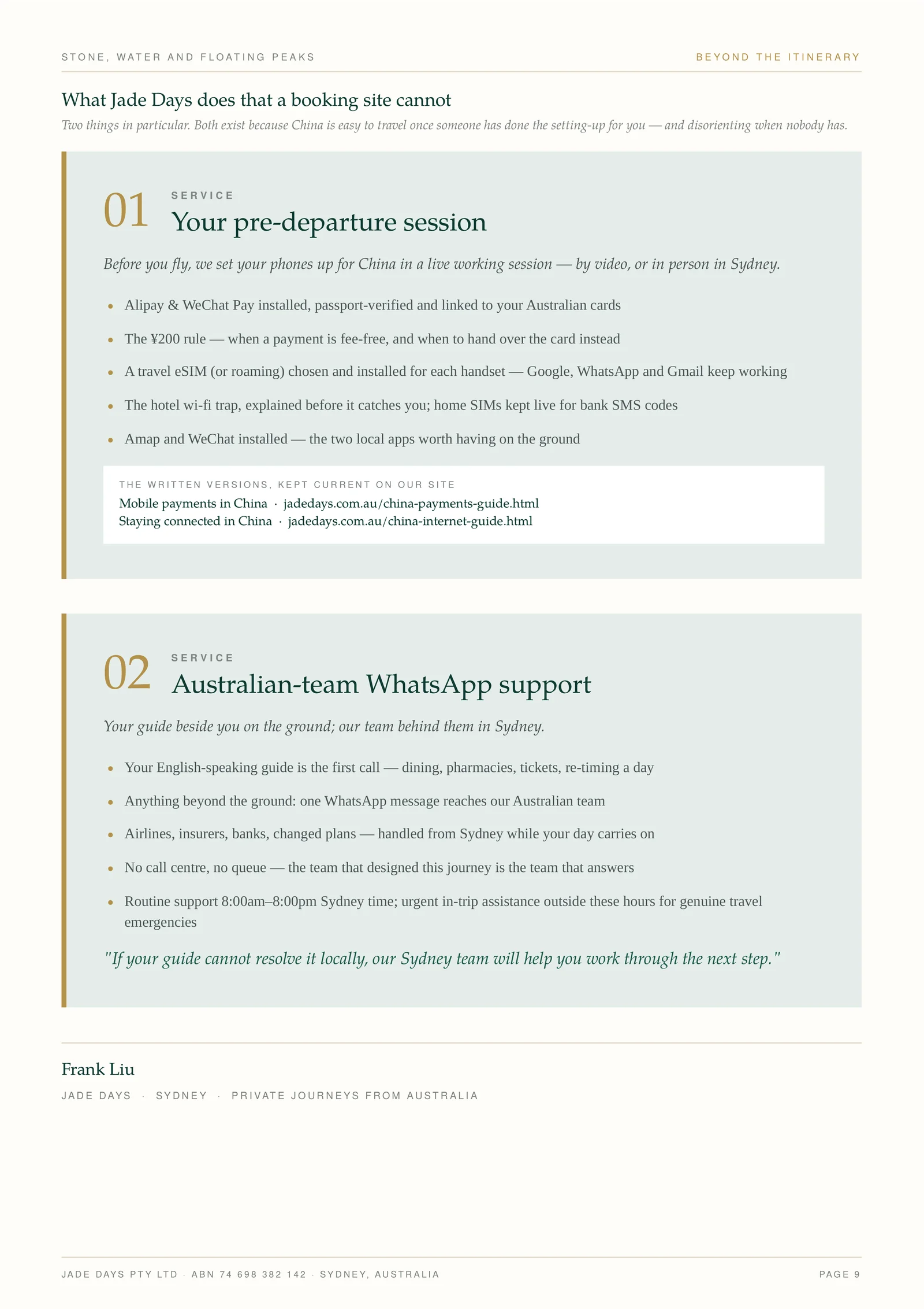 Jade Days sample proposal — page 9: What Jade Days does that a booking site cannot.