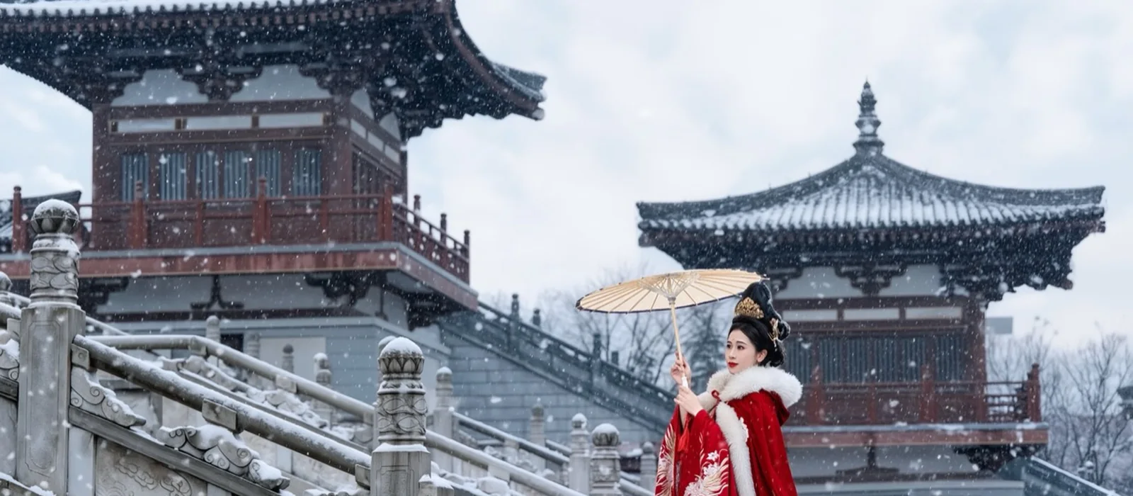 A woman in red traditional dress among snow-covered pavilions in Xi'an