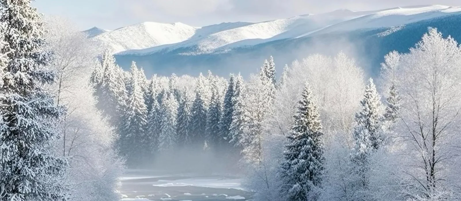 Snow-covered forest, river and mountain in Xinjiang