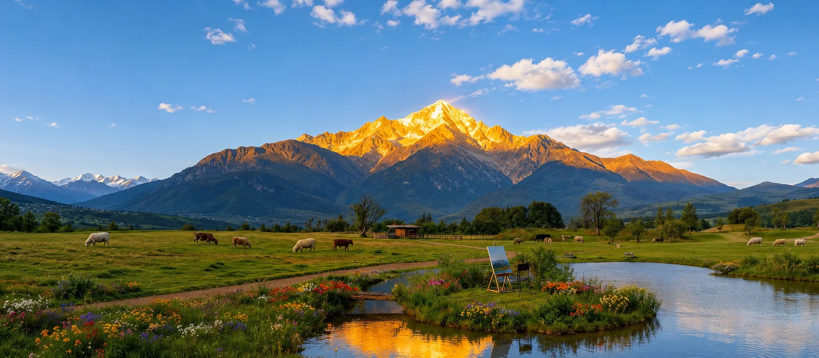 A golden mountain summit above pasture and a lake in Yunnan