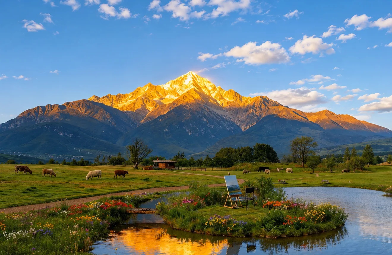 A golden mountain summit above green pasture and a reflective lake