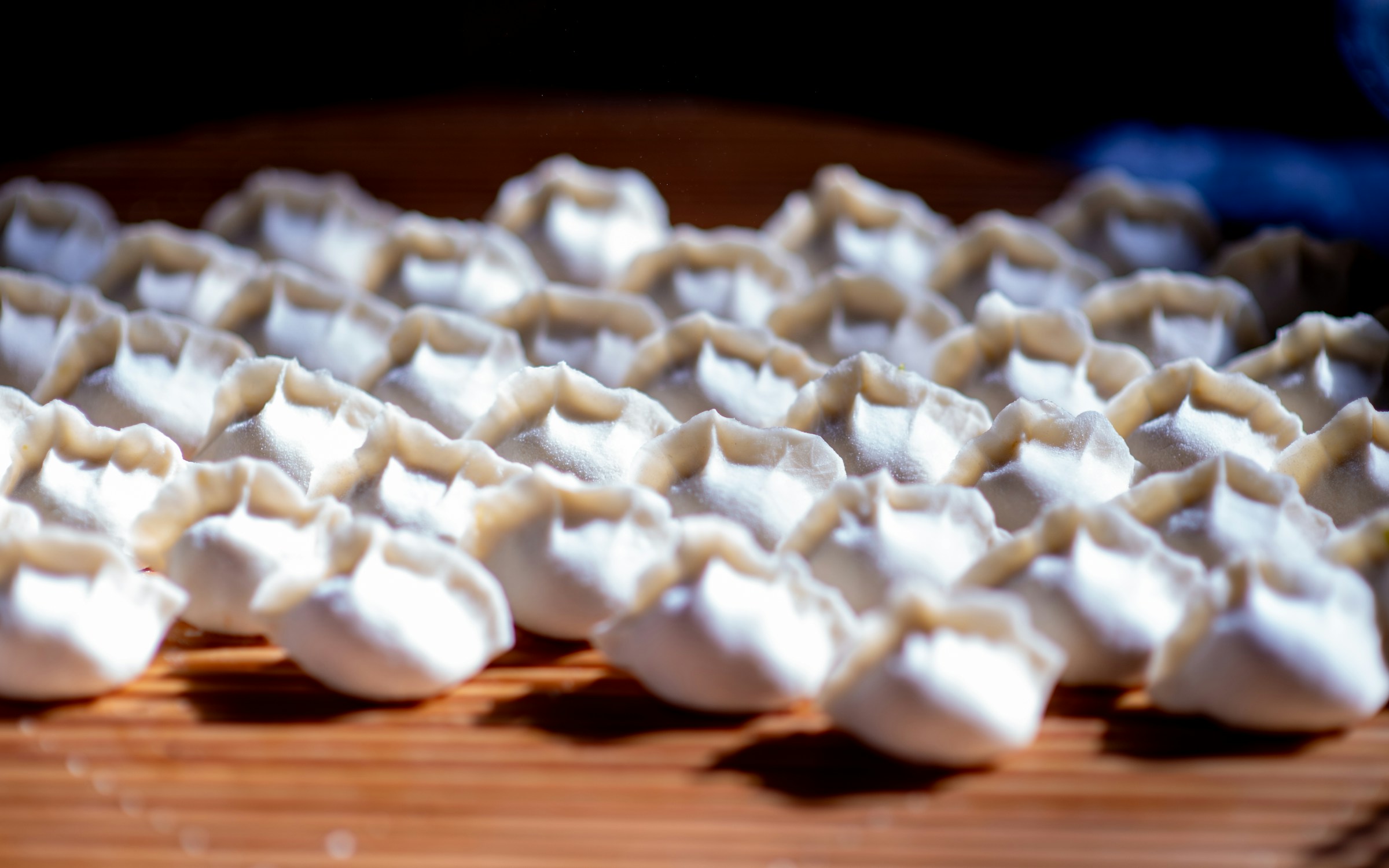 Hands folding handmade Chinese dumplings