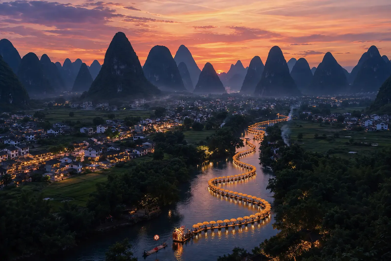 Illuminated river winding through karst mountains at dusk