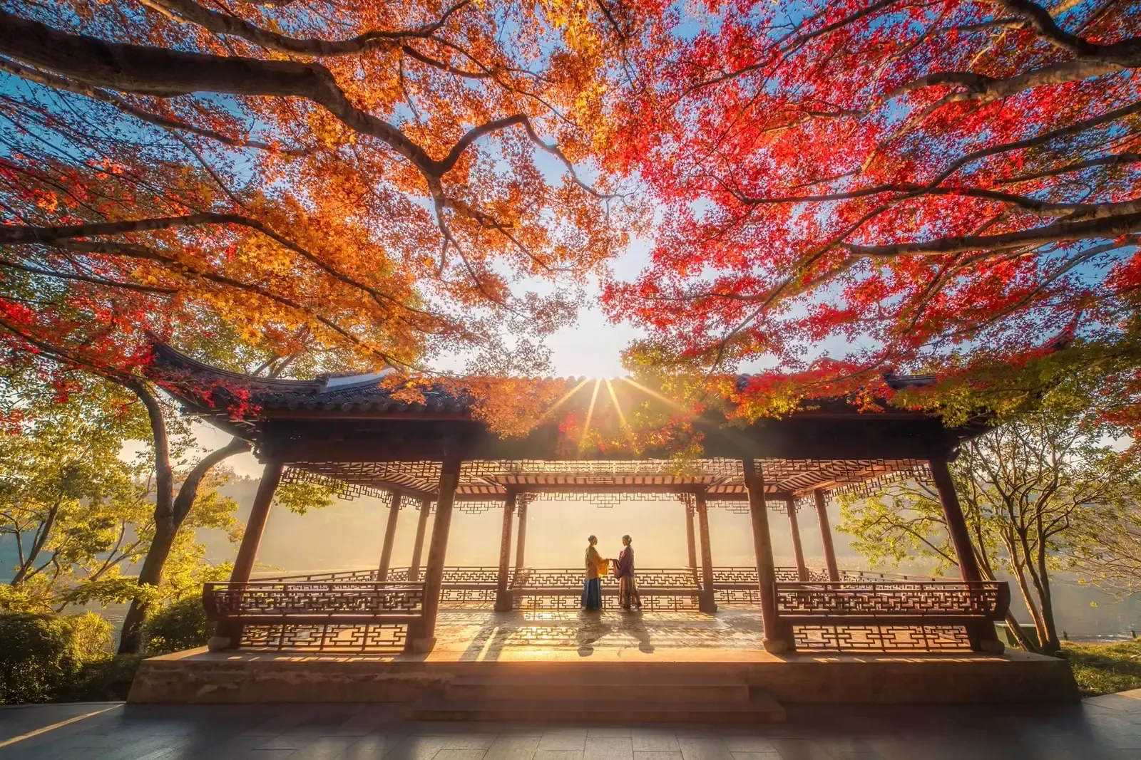 Two visitors beneath red autumn maples in a traditional pavilion