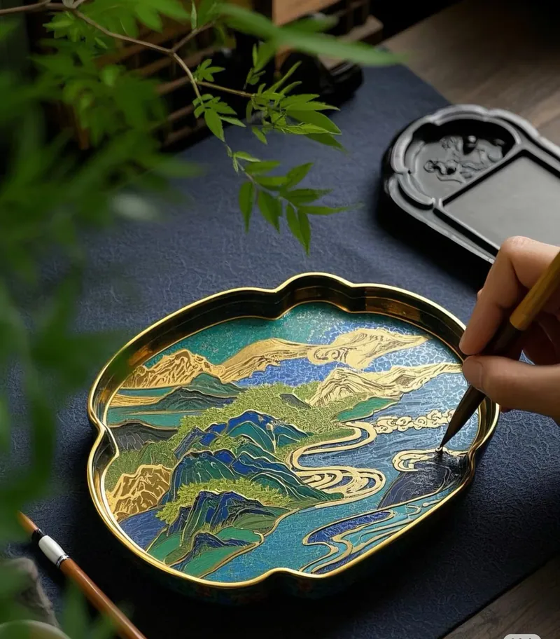 Artisan applying colour to a cloisonné enamel tray
