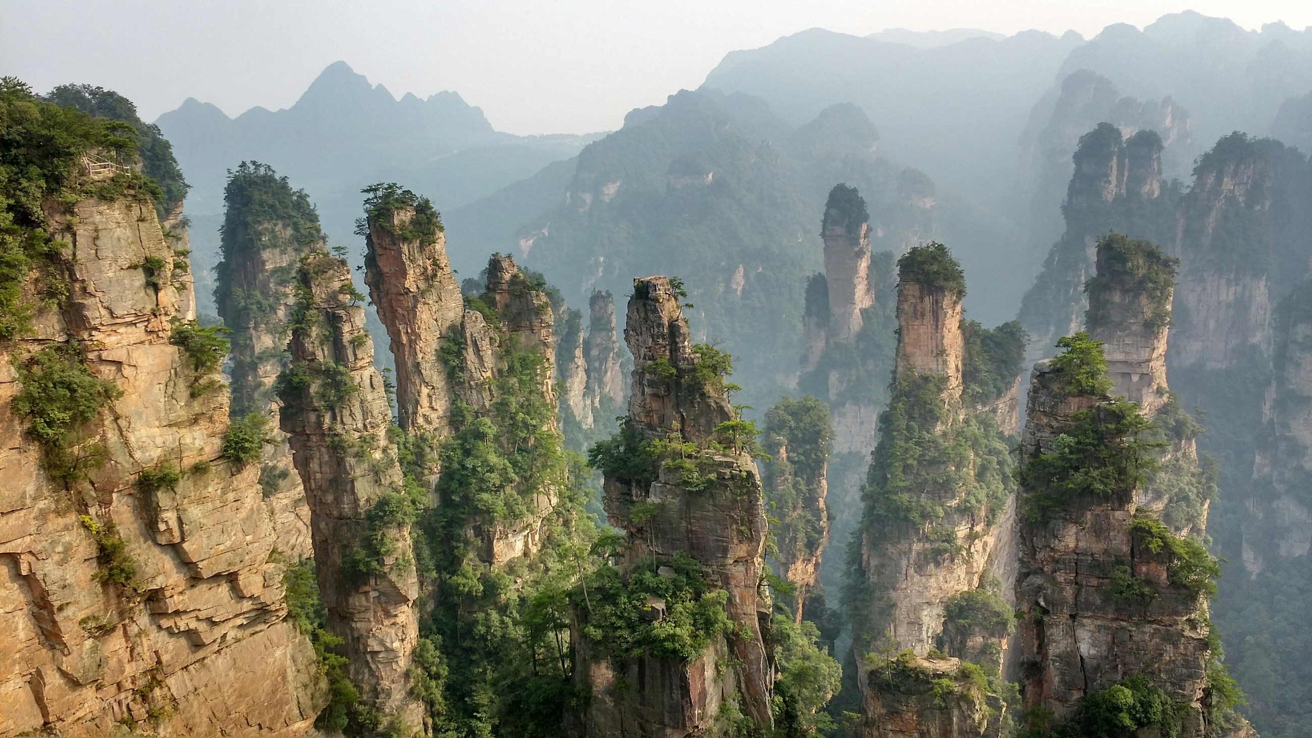 Misty sandstone pillars in Zhangjiajie