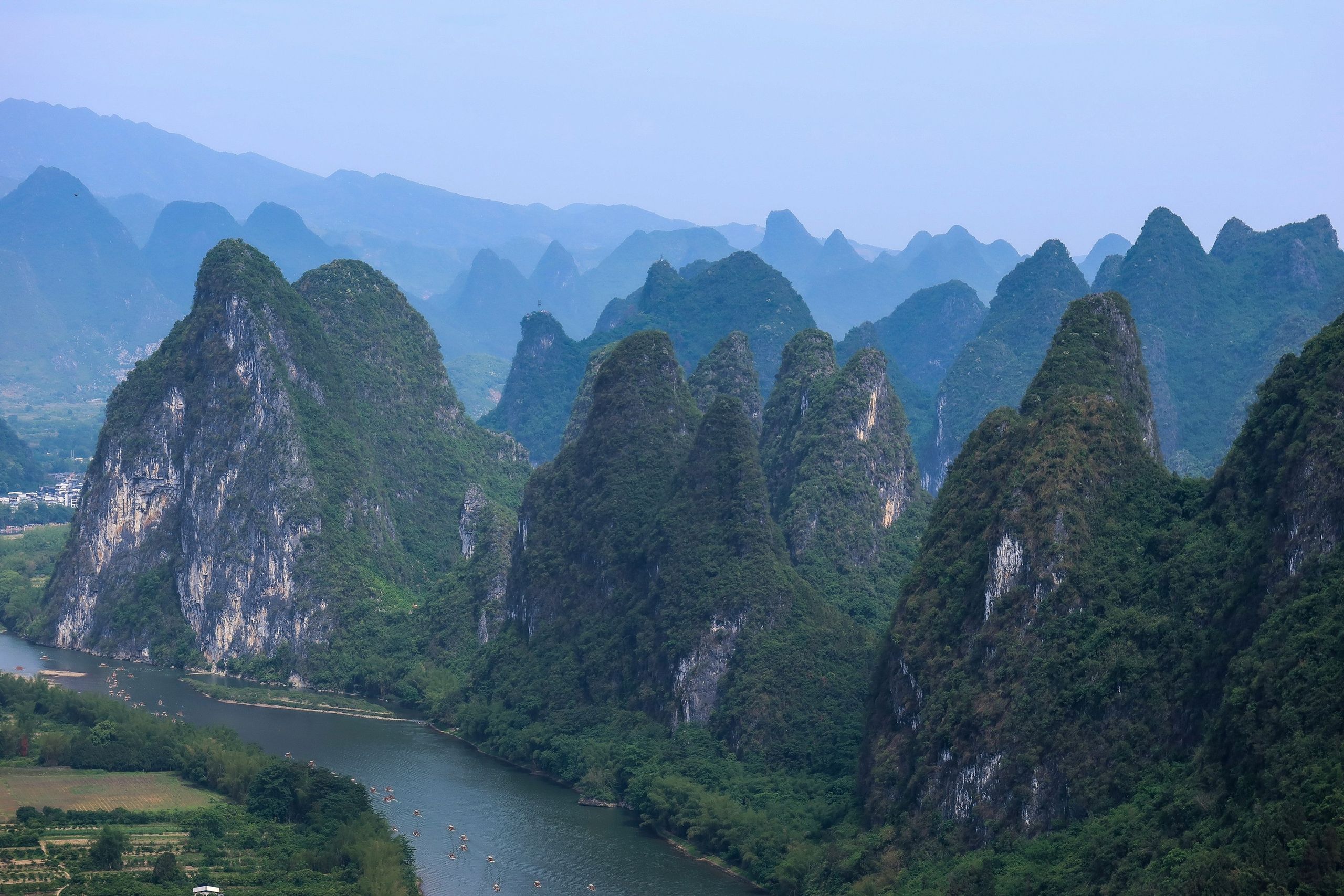 Misty green mountains beside the Li River in Guilin