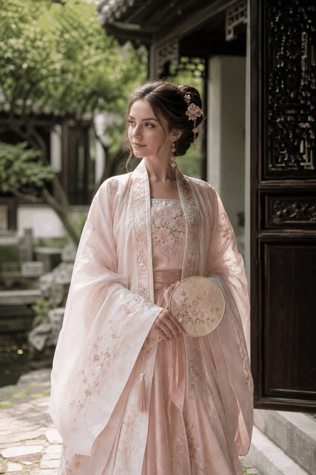 Traveller wearing hanfu in a Chinese garden
