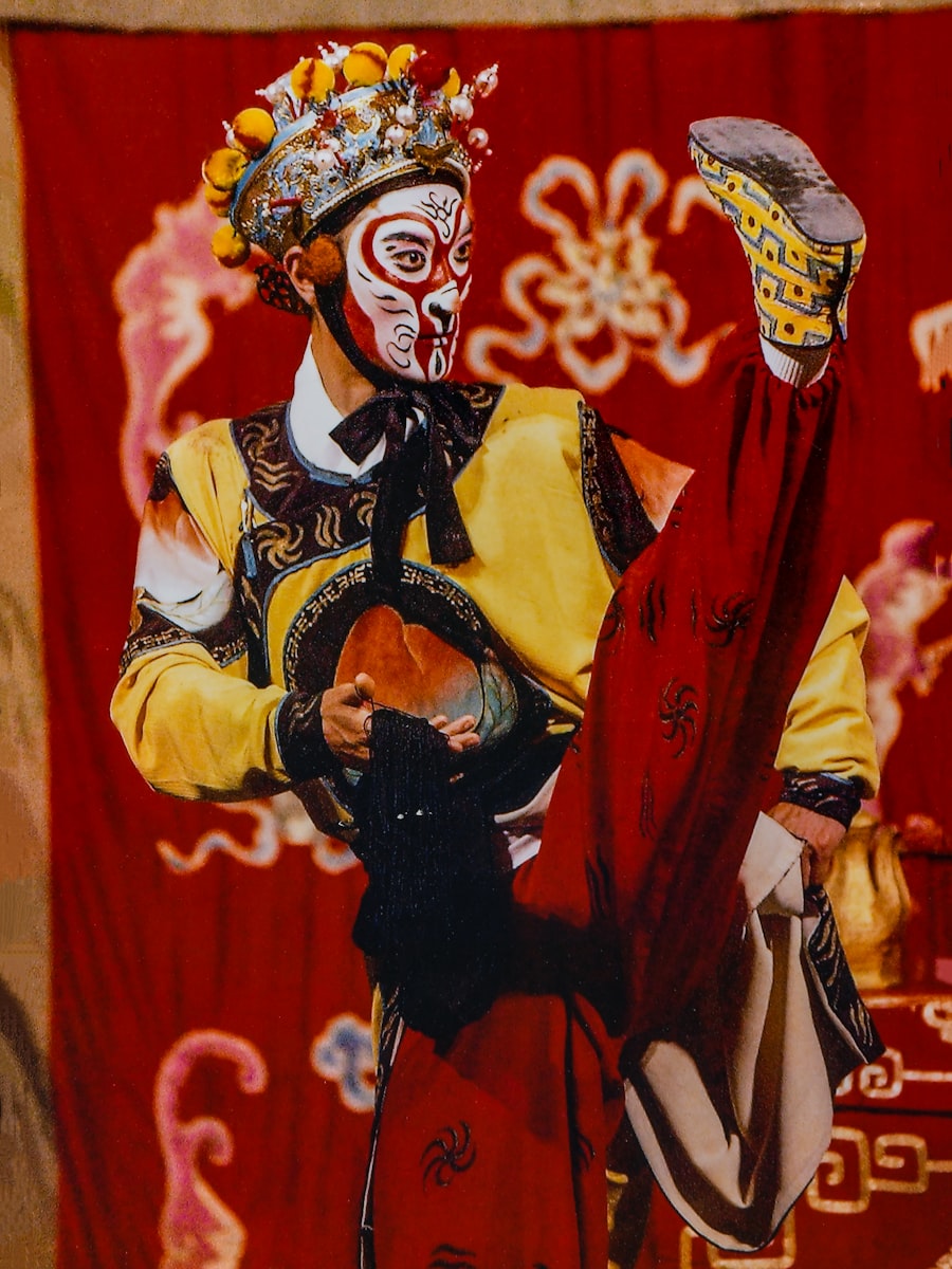 Traditional Chinese stage performance in a teahouse setting