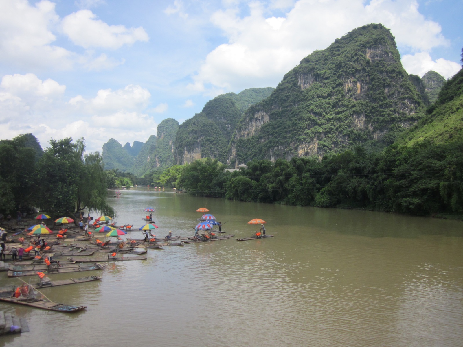 Bamboo rafts on the Li River among karst peaks near Guilin
